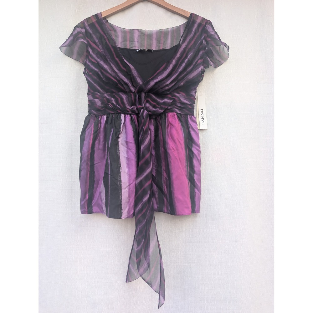 DKNYC Tie Waist Peplum Blouse Womens 10 Berry Purple 100 Silk Y2k Whimsigoth